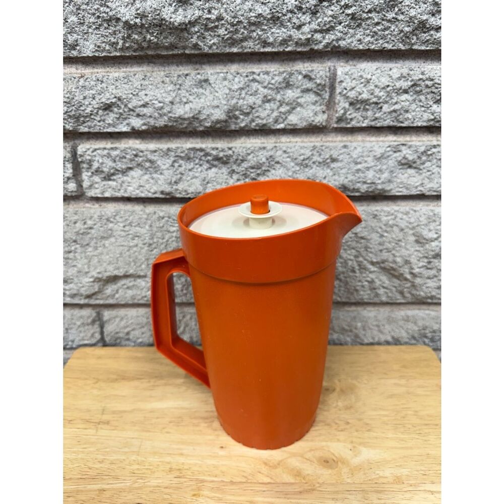 Vintage Orange Plastic Pitcher with Lid - Home Kitchen